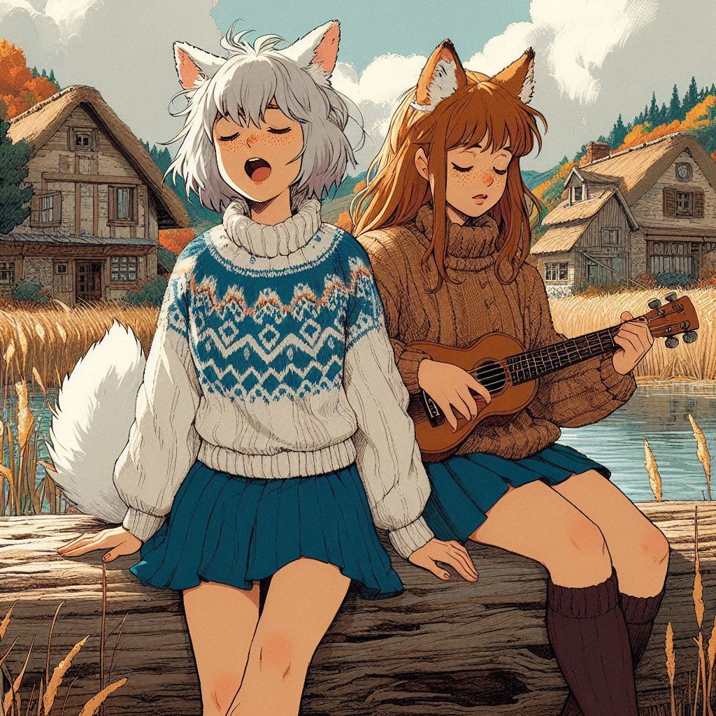 Cake Tour (e04) - My, Neural network art, Нейронные сети, Art, Girls, Anime, Anime art, Original character, Kitsune, Animal ears, Tail, Travels, Drive, Cake, Autumn, Ginger & White, Longpost