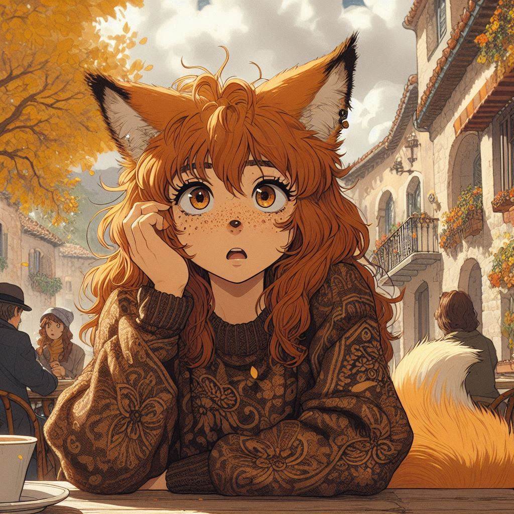 Cake Tour (e05) - My, Neural network art, Нейронные сети, Art, Anime, Anime art, Original character, Girls, Kitsune, Animal ears, Tail, Drive, Travels, Cake, Sea, Autumn, Ginger & White, Longpost