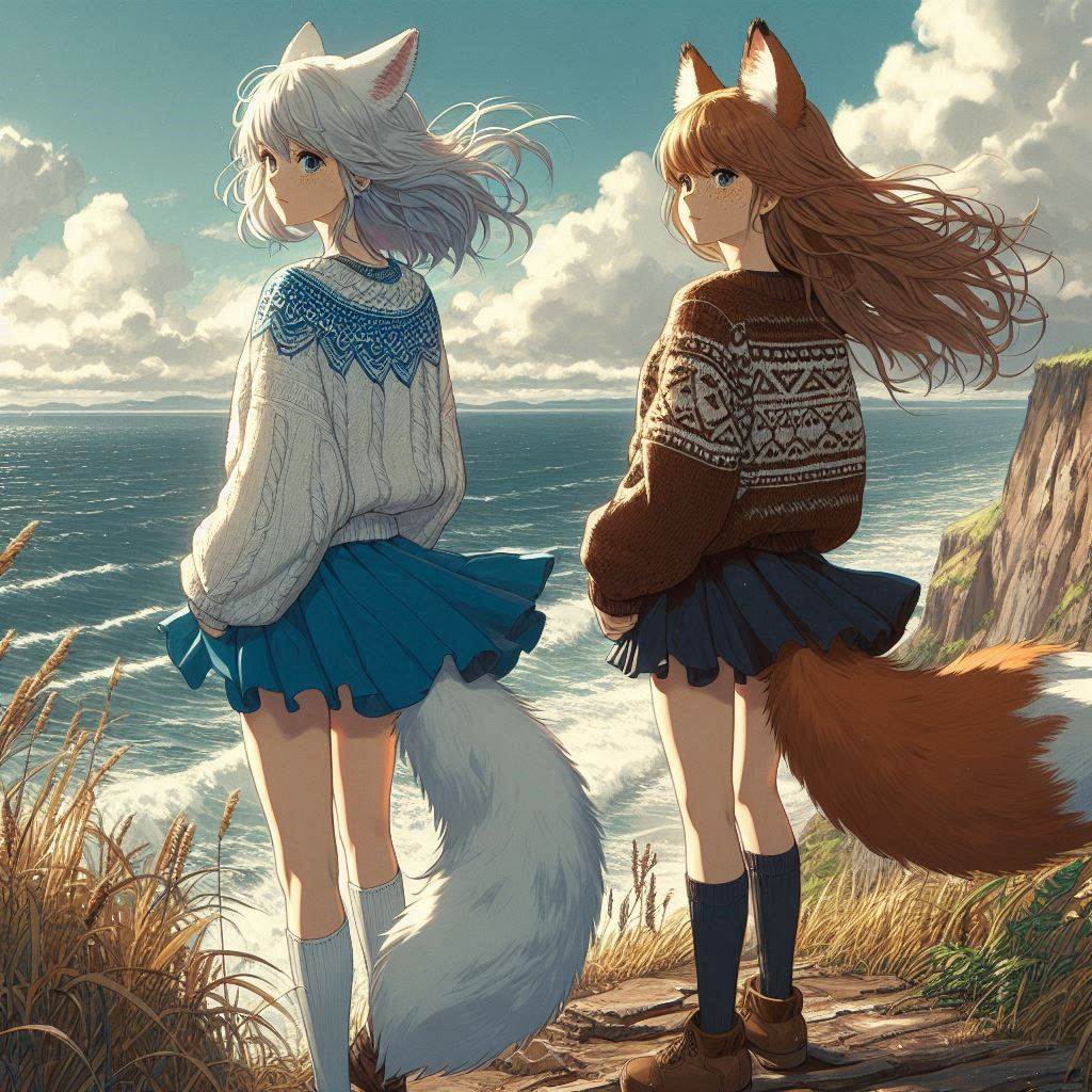 Cake Tour (e05) - My, Neural network art, Нейронные сети, Art, Anime, Anime art, Original character, Girls, Kitsune, Animal ears, Tail, Drive, Travels, Cake, Sea, Autumn, Ginger & White, Longpost