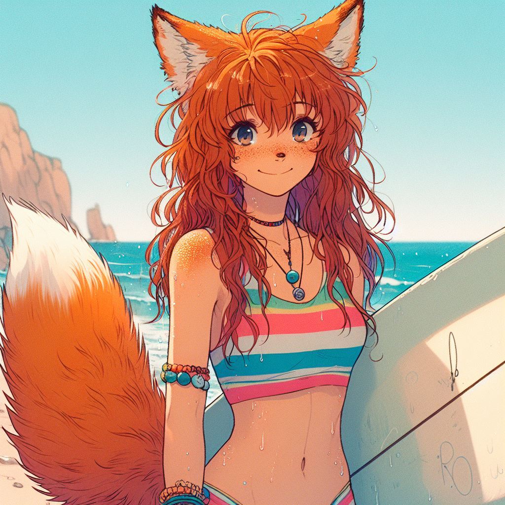 Cake Tour (e05) - My, Neural network art, Нейронные сети, Art, Anime, Anime art, Original character, Girls, Kitsune, Animal ears, Tail, Drive, Travels, Cake, Sea, Autumn, Ginger & White, Longpost