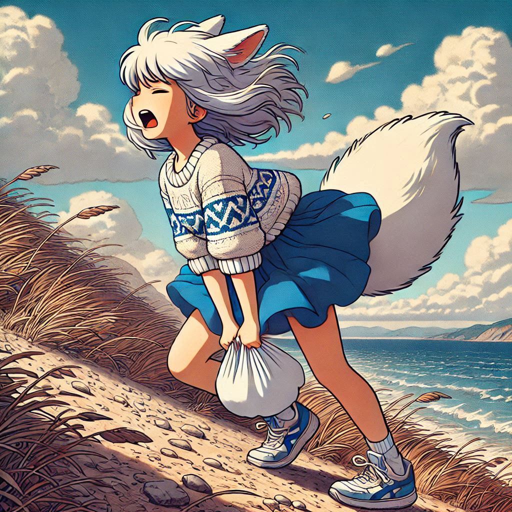 Cake Tour (e05) - My, Neural network art, Нейронные сети, Art, Anime, Anime art, Original character, Girls, Kitsune, Animal ears, Tail, Drive, Travels, Cake, Sea, Autumn, Ginger & White, Longpost