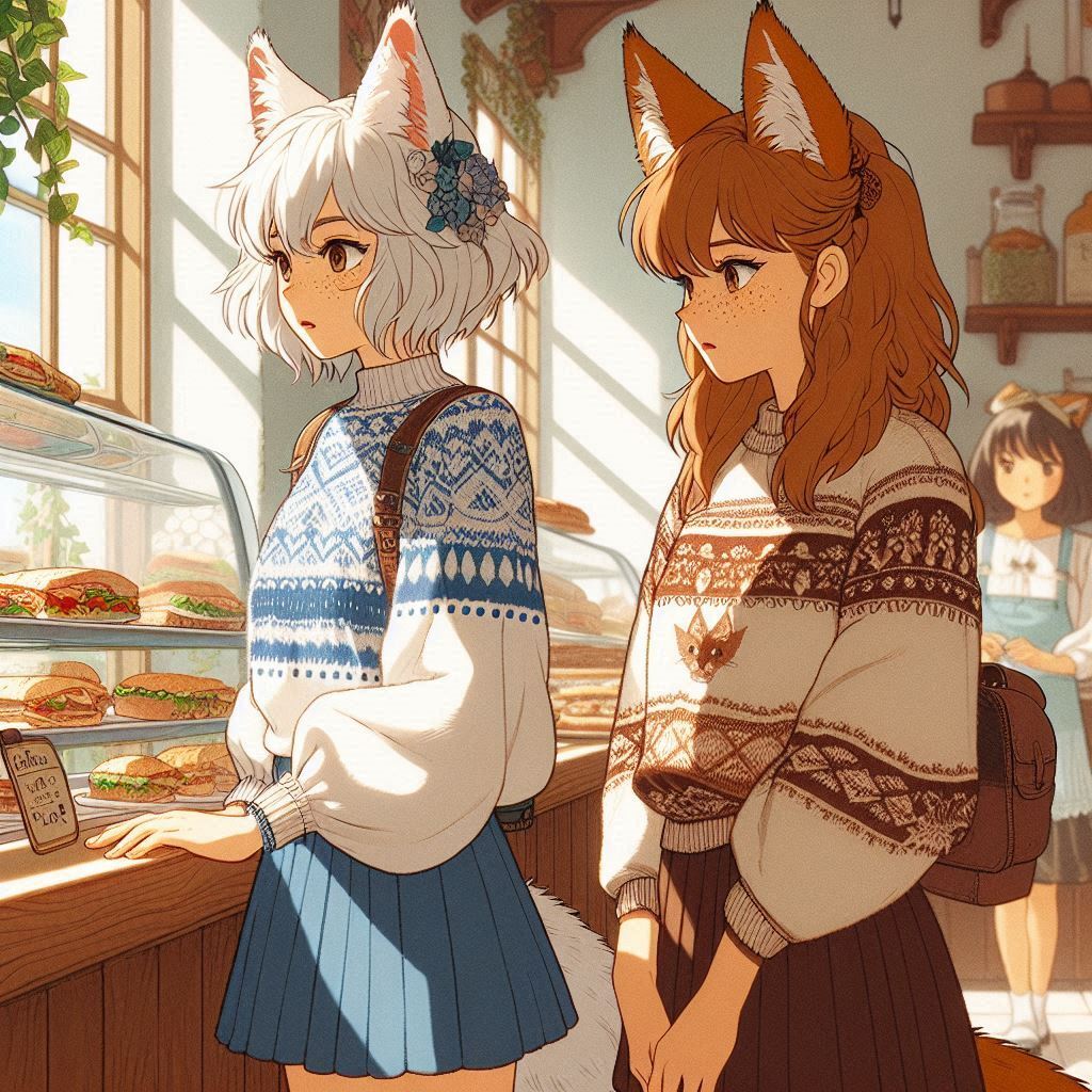 Cake Tour (e05) - My, Neural network art, Нейронные сети, Art, Anime, Anime art, Original character, Girls, Kitsune, Animal ears, Tail, Drive, Travels, Cake, Sea, Autumn, Ginger & White, Longpost