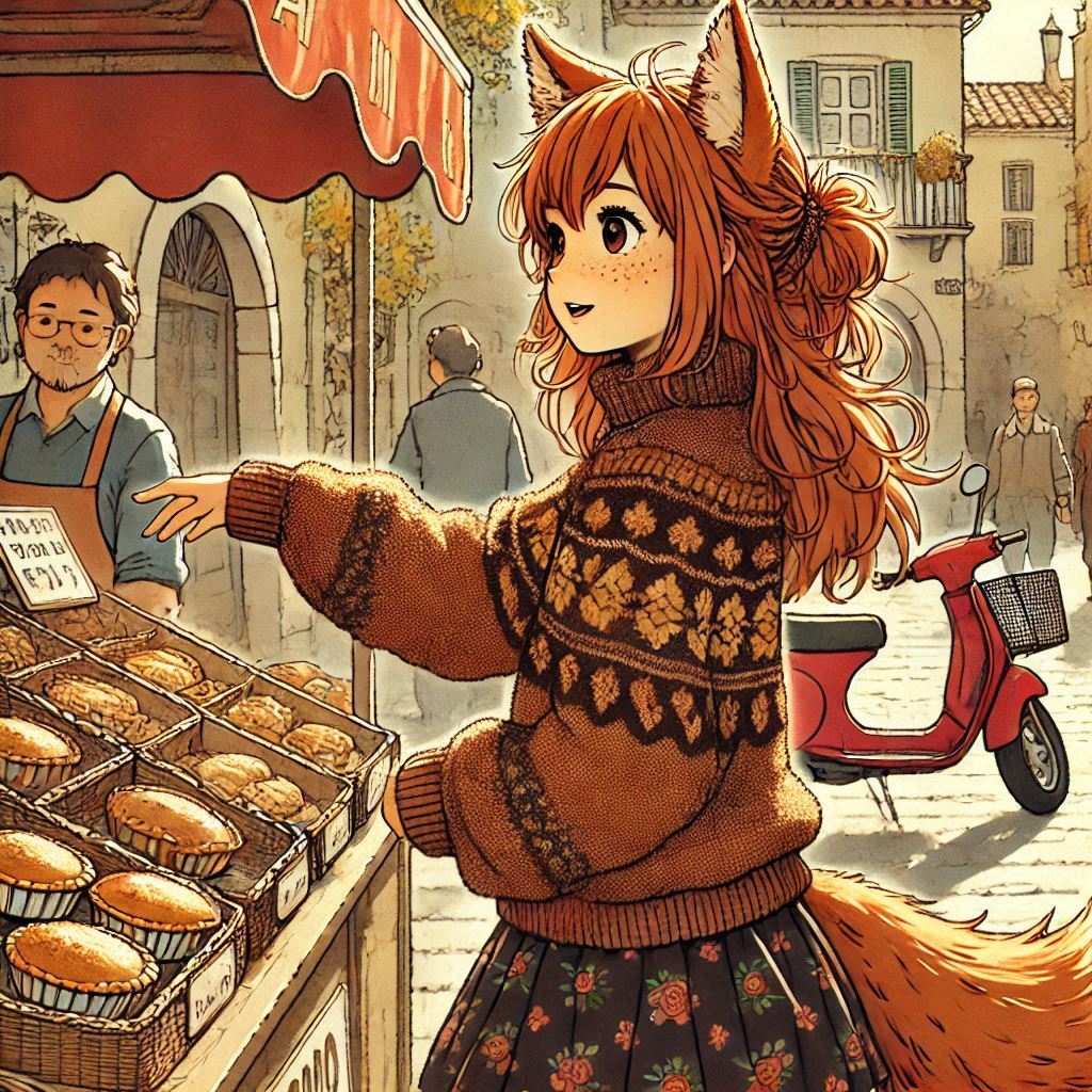 Cake Tour (e05) - My, Neural network art, Нейронные сети, Art, Anime, Anime art, Original character, Girls, Kitsune, Animal ears, Tail, Drive, Travels, Cake, Sea, Autumn, Ginger & White, Longpost