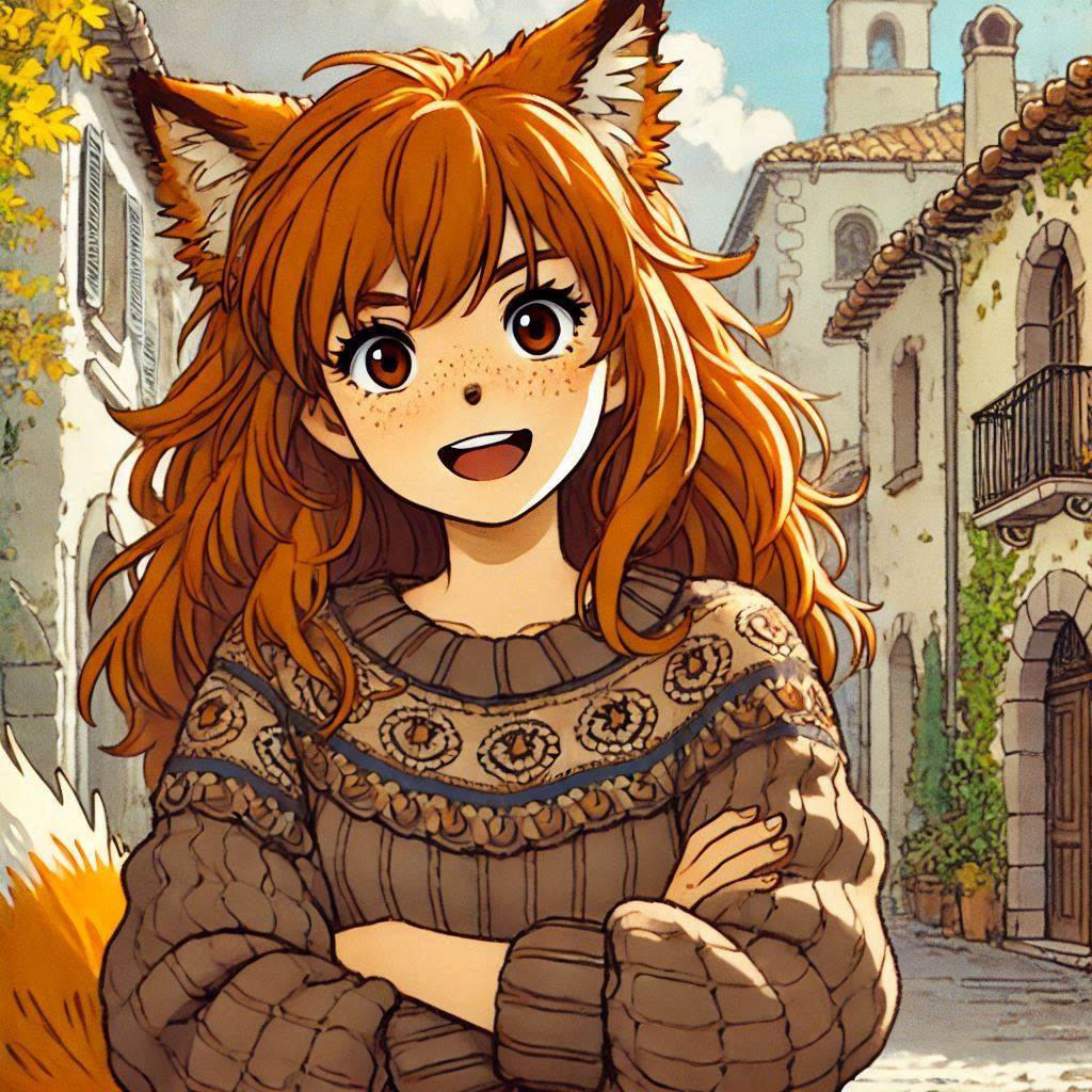 Cake Tour (e05) - My, Neural network art, Нейронные сети, Art, Anime, Anime art, Original character, Girls, Kitsune, Animal ears, Tail, Drive, Travels, Cake, Sea, Autumn, Ginger & White, Longpost