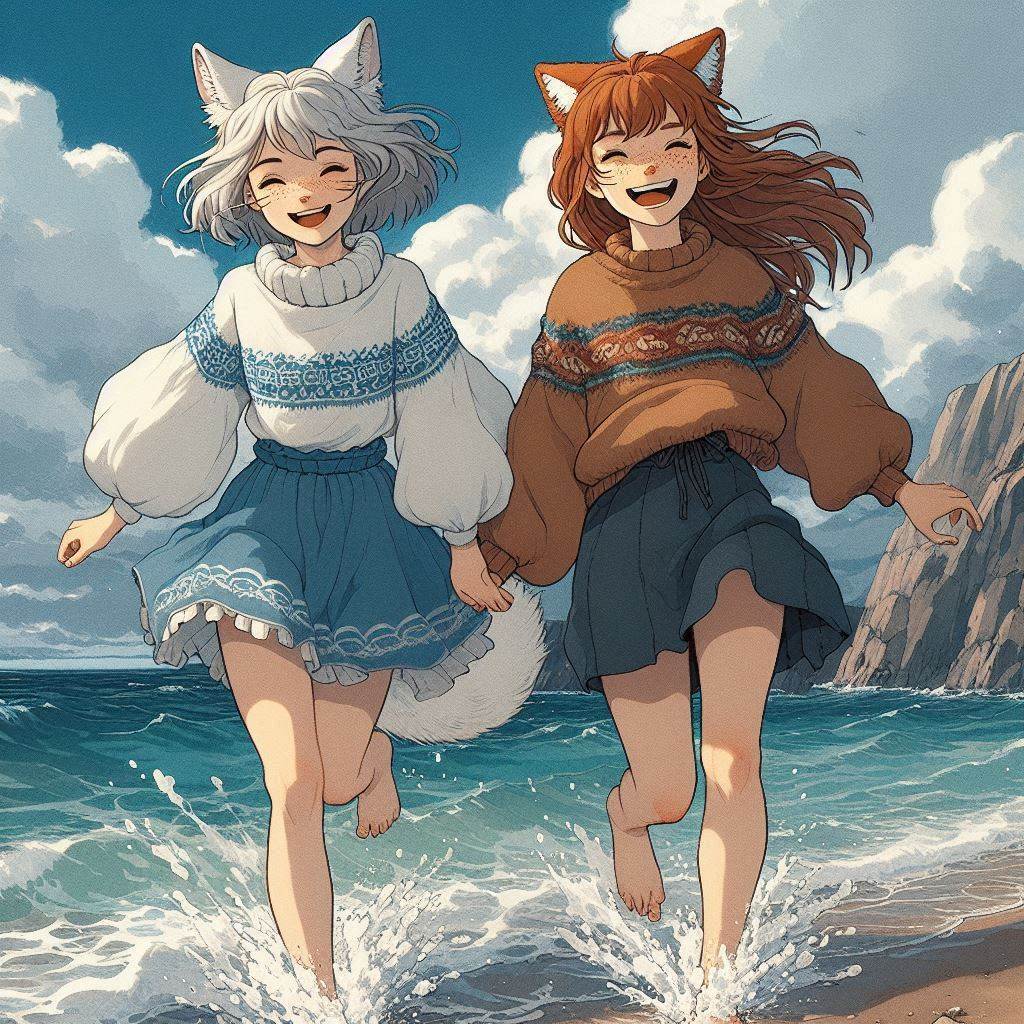 Cake Tour (e05) - My, Neural network art, Нейронные сети, Art, Anime, Anime art, Original character, Girls, Kitsune, Animal ears, Tail, Drive, Travels, Cake, Sea, Autumn, Ginger & White, Longpost