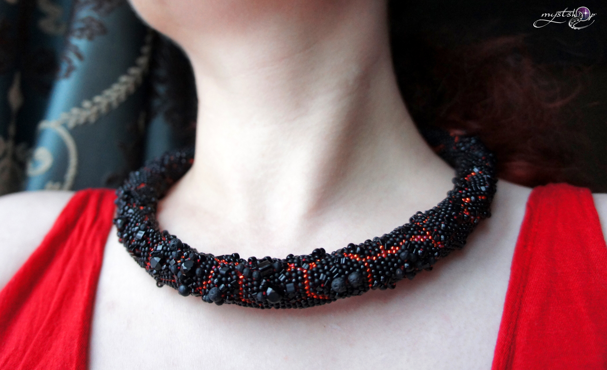 Embossed cord necklace Lava - My, Needlework without process, Lava, Volcano, Fire, Beads, Longpost