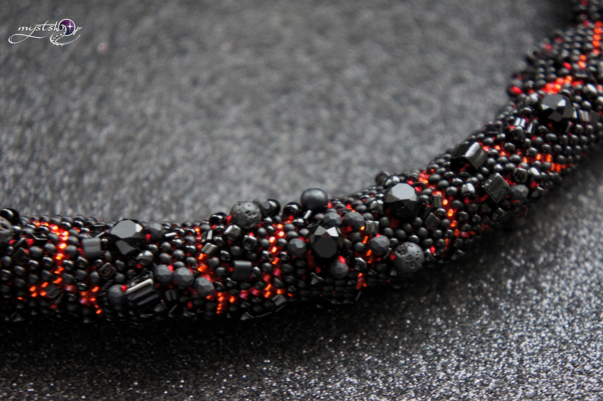 Embossed cord necklace Lava - My, Needlework without process, Lava, Volcano, Fire, Beads, Longpost