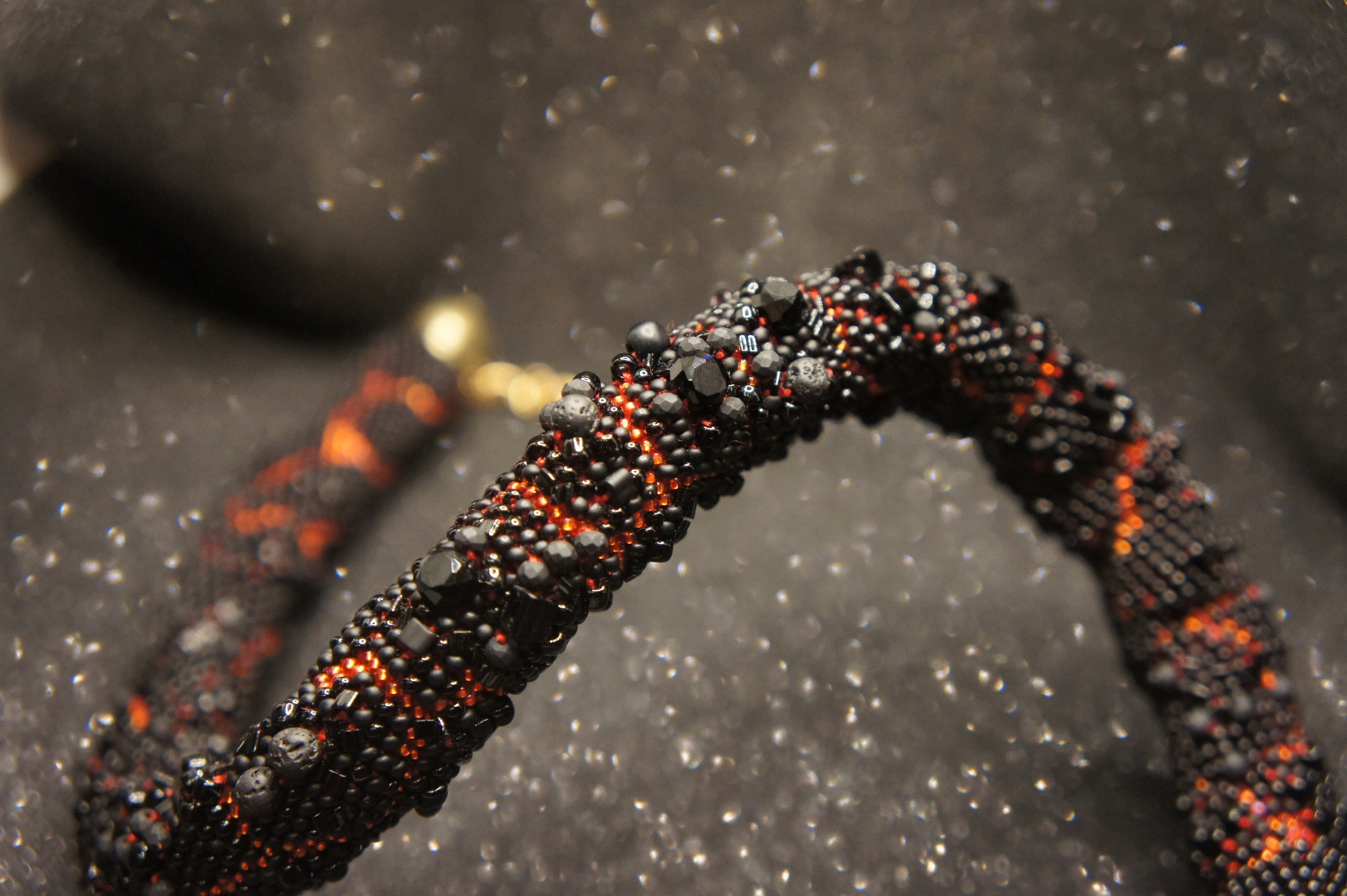 Embossed cord necklace Lava - My, Needlework without process, Lava, Volcano, Fire, Beads, Longpost