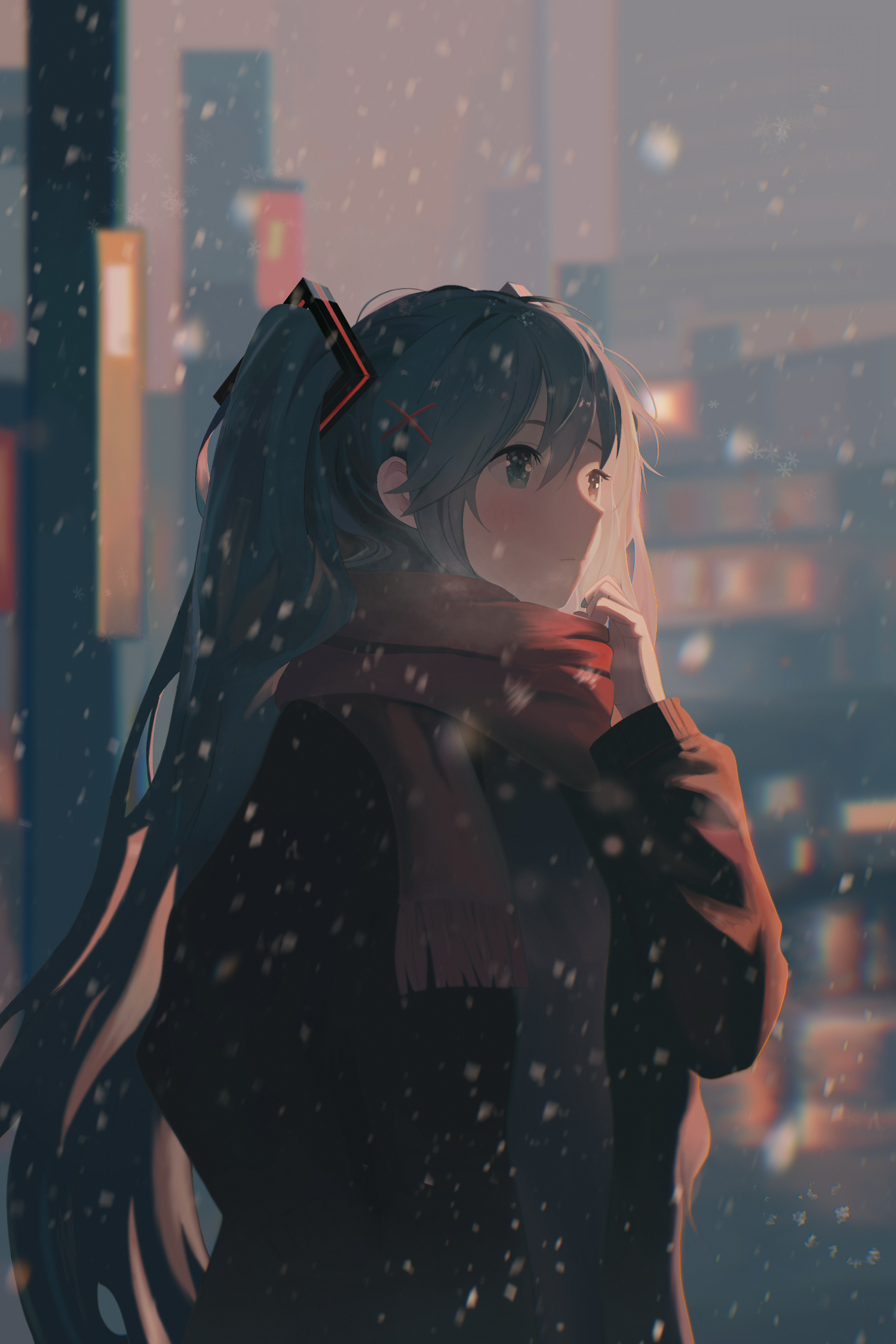 Snowfall - Hatsune Miku, Vocaloid, Anime art, Vocaloid Art, Snowfall, Scarf