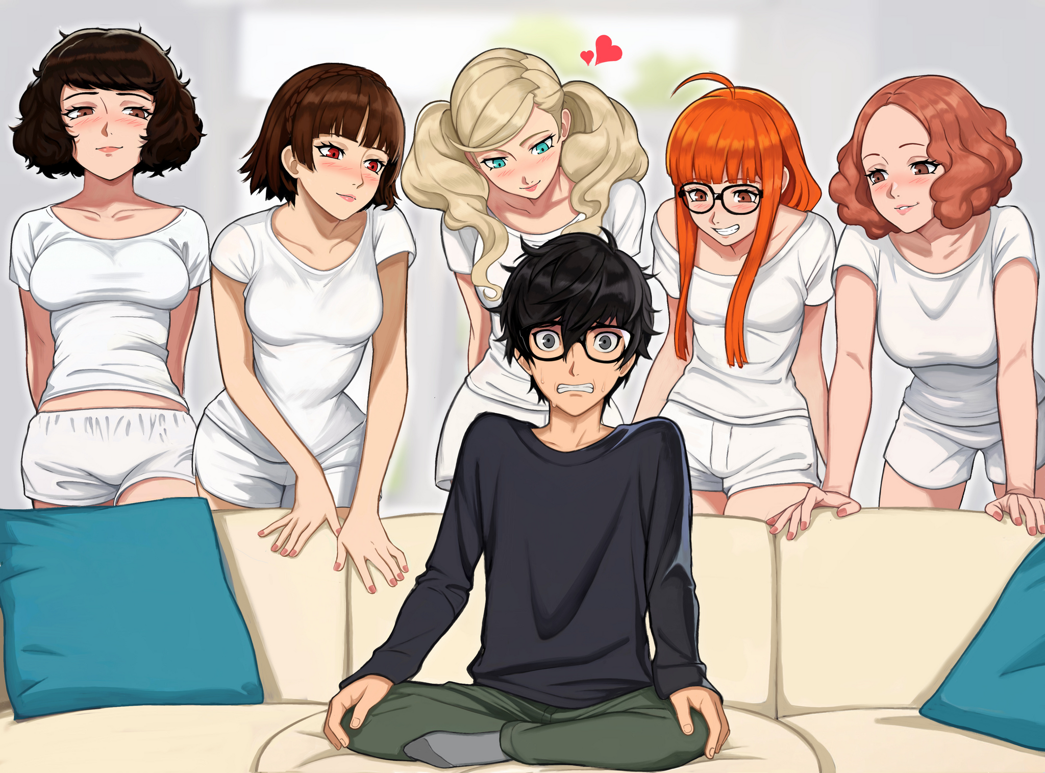 Reverse Harem - Anime art, Anime, Games, Persona, Persona 5, Ren Amamiya, Kawakami Sadayo, Niijima Makoto, Ann takamaki, Sakura futaba, Okumura haru, Girl and five blacks