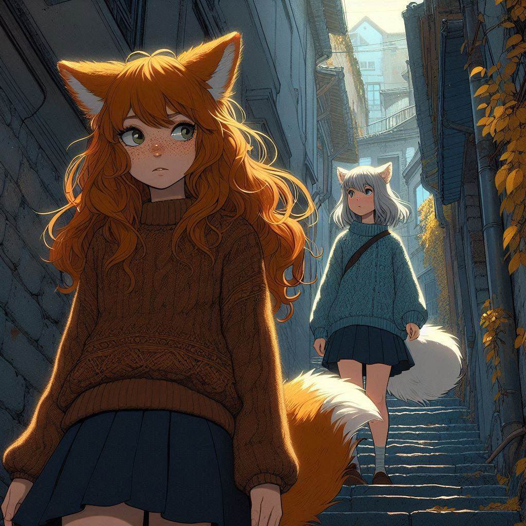 Cake Tour (e05) - My, Neural network art, Нейронные сети, Art, Anime, Anime art, Original character, Girls, Kitsune, Animal ears, Tail, Drive, Travels, Cake, Sea, Autumn, Ginger & White, Longpost