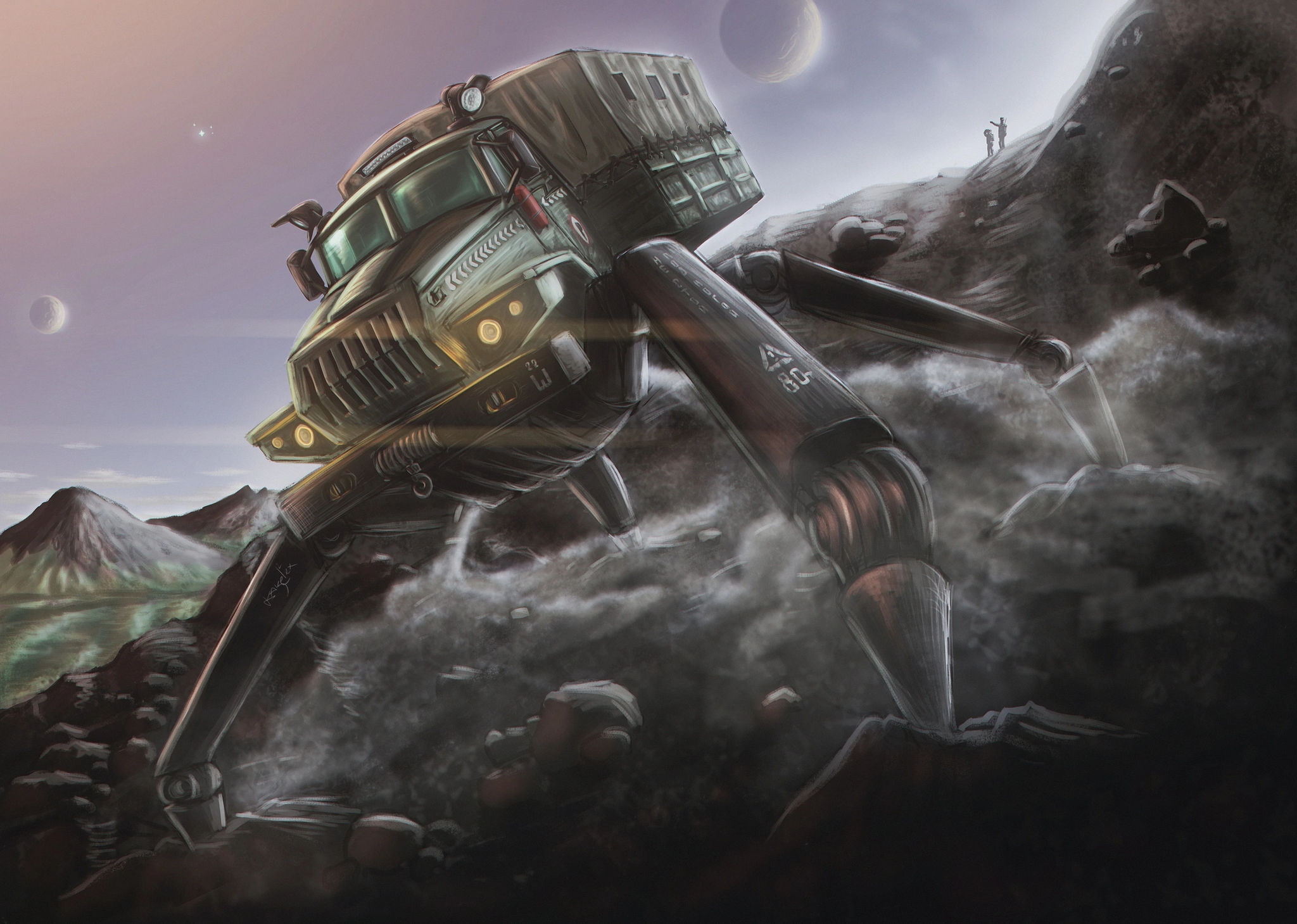 Fan art with URAL walker on another planet - My, alternative reality, Fantasy, Ural, Ural 4320, Truck, Expedition, Other planet, Walker, Art, Digital drawing