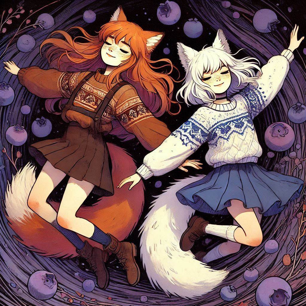 Cake Tour (e05) - My, Neural network art, Нейронные сети, Art, Anime, Anime art, Original character, Girls, Kitsune, Animal ears, Tail, Drive, Travels, Cake, Sea, Autumn, Ginger & White, Longpost