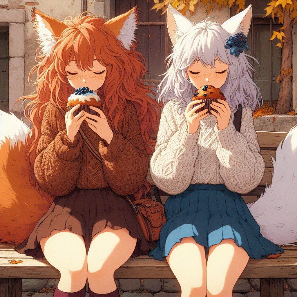 Cake Tour (e05) - My, Neural network art, Нейронные сети, Art, Anime, Anime art, Original character, Girls, Kitsune, Animal ears, Tail, Drive, Travels, Cake, Sea, Autumn, Ginger & White, Longpost