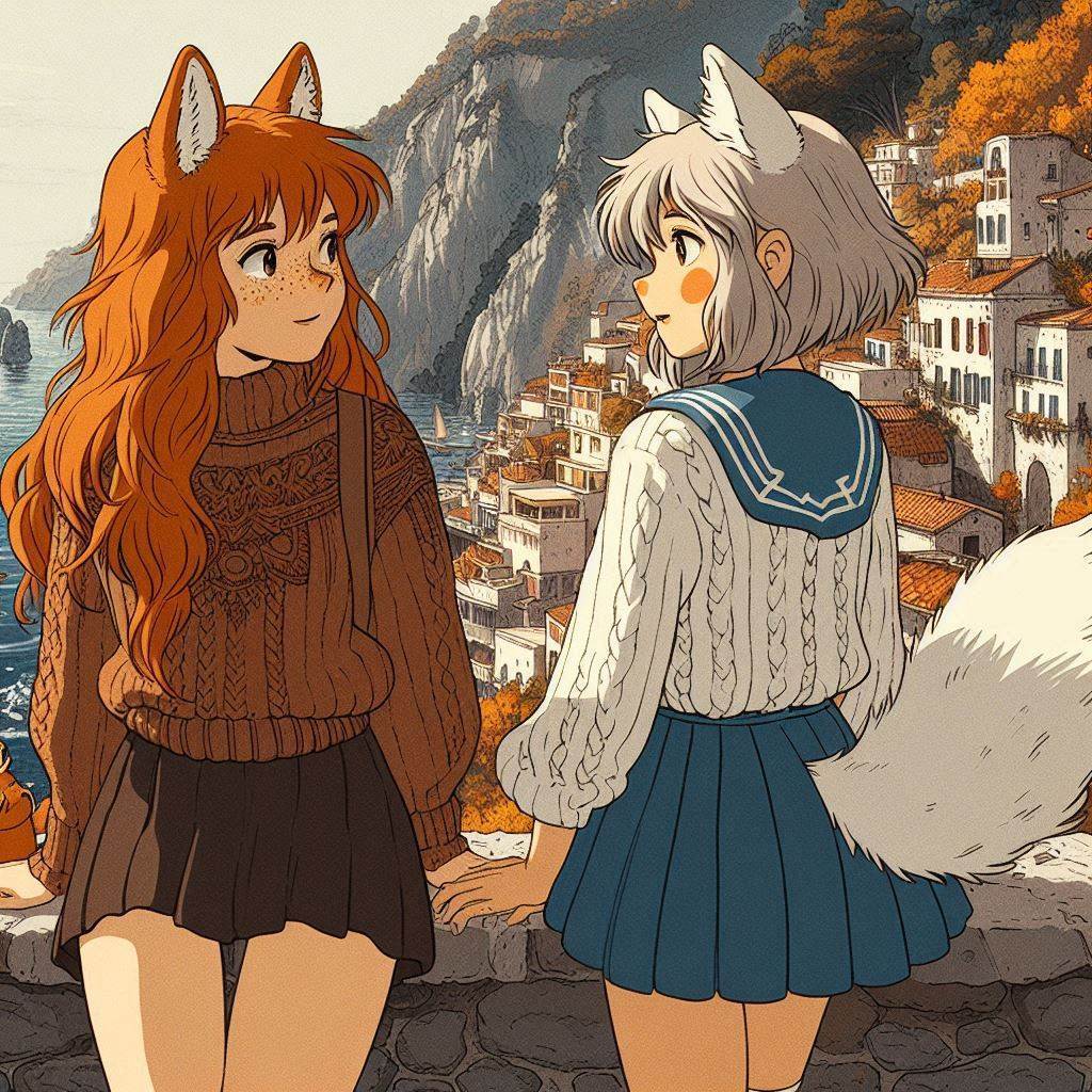 Cake Tour (e05) - My, Neural network art, Нейронные сети, Art, Anime, Anime art, Original character, Girls, Kitsune, Animal ears, Tail, Drive, Travels, Cake, Sea, Autumn, Ginger & White, Longpost