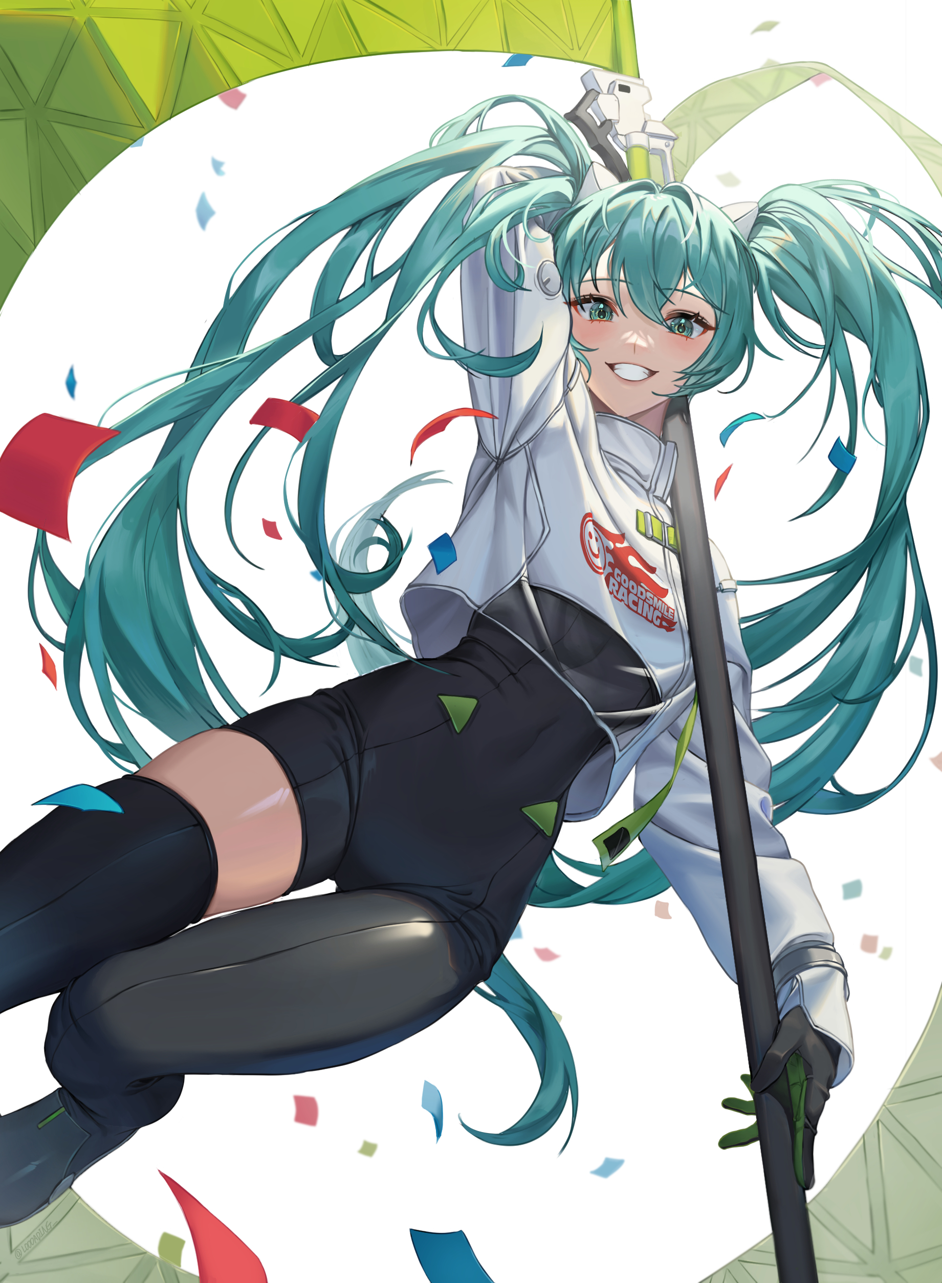 Hatsune Miku #191 - Anime, Anime art, Hatsune Miku, Racing Miku, Girls, Long hair, Flag, Bodysuit, Jacket, Gloves, Smile