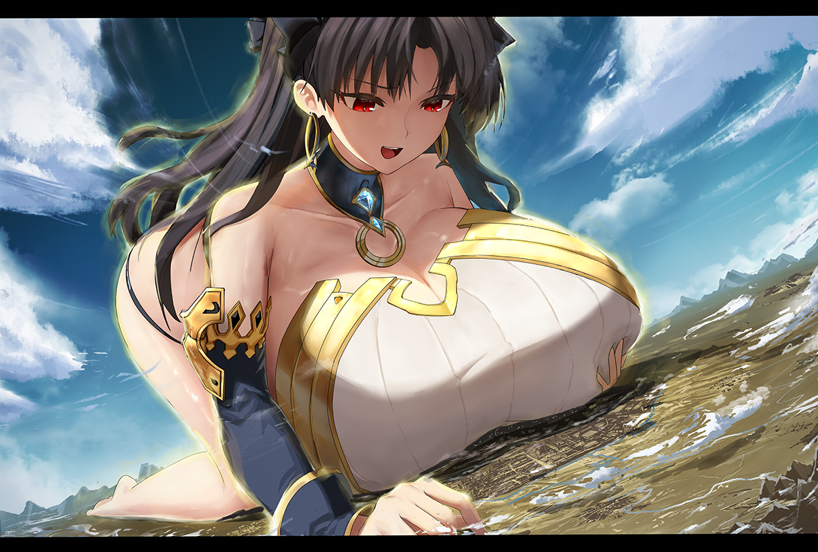 Chest pressure - Ishtar, Town, Anime art, Giantess, Mega-giantess, Fate grand order