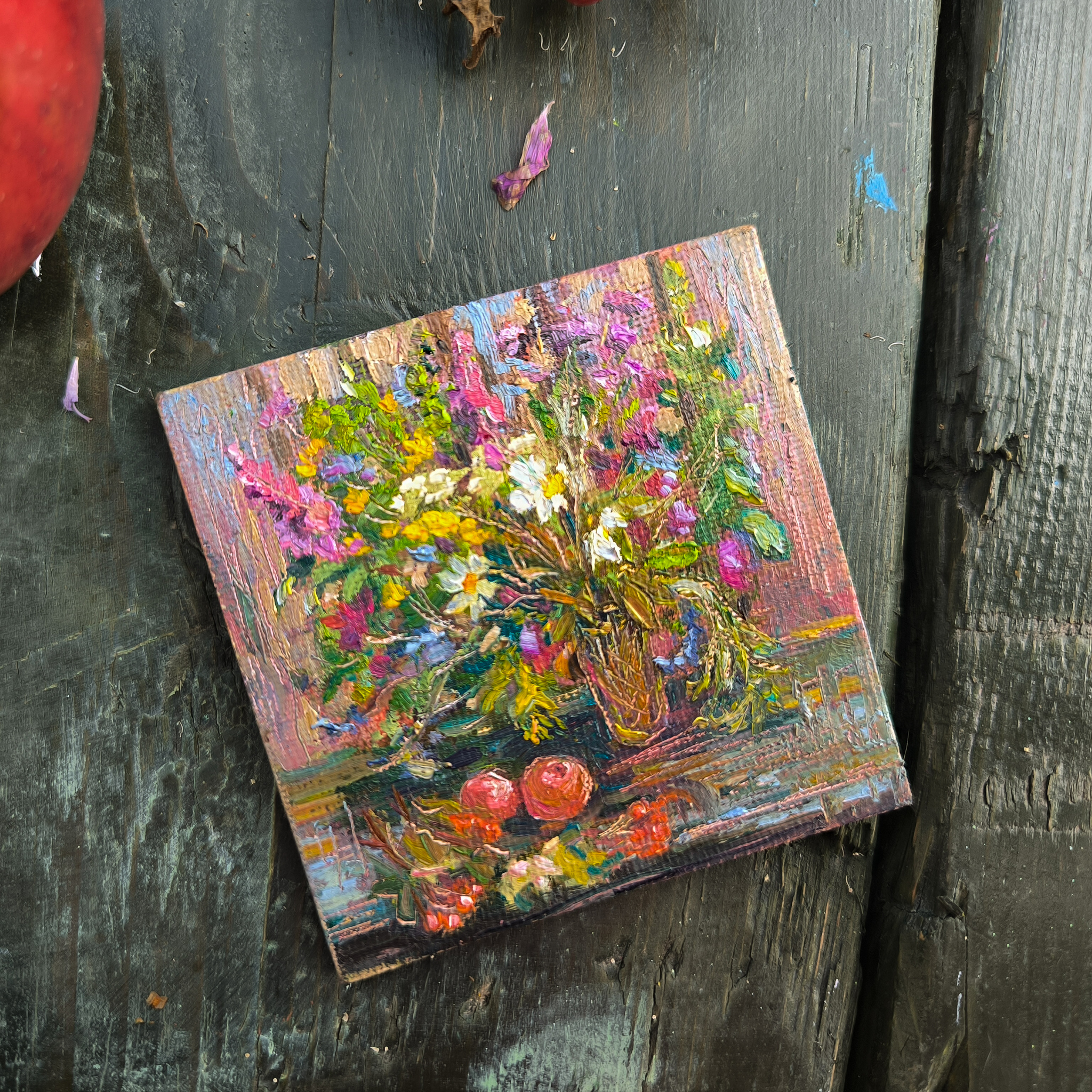 Bouquet against the background of a fence - My, Author's painting, Village, Painting, Oil painting, Summer, Flowers, Painting