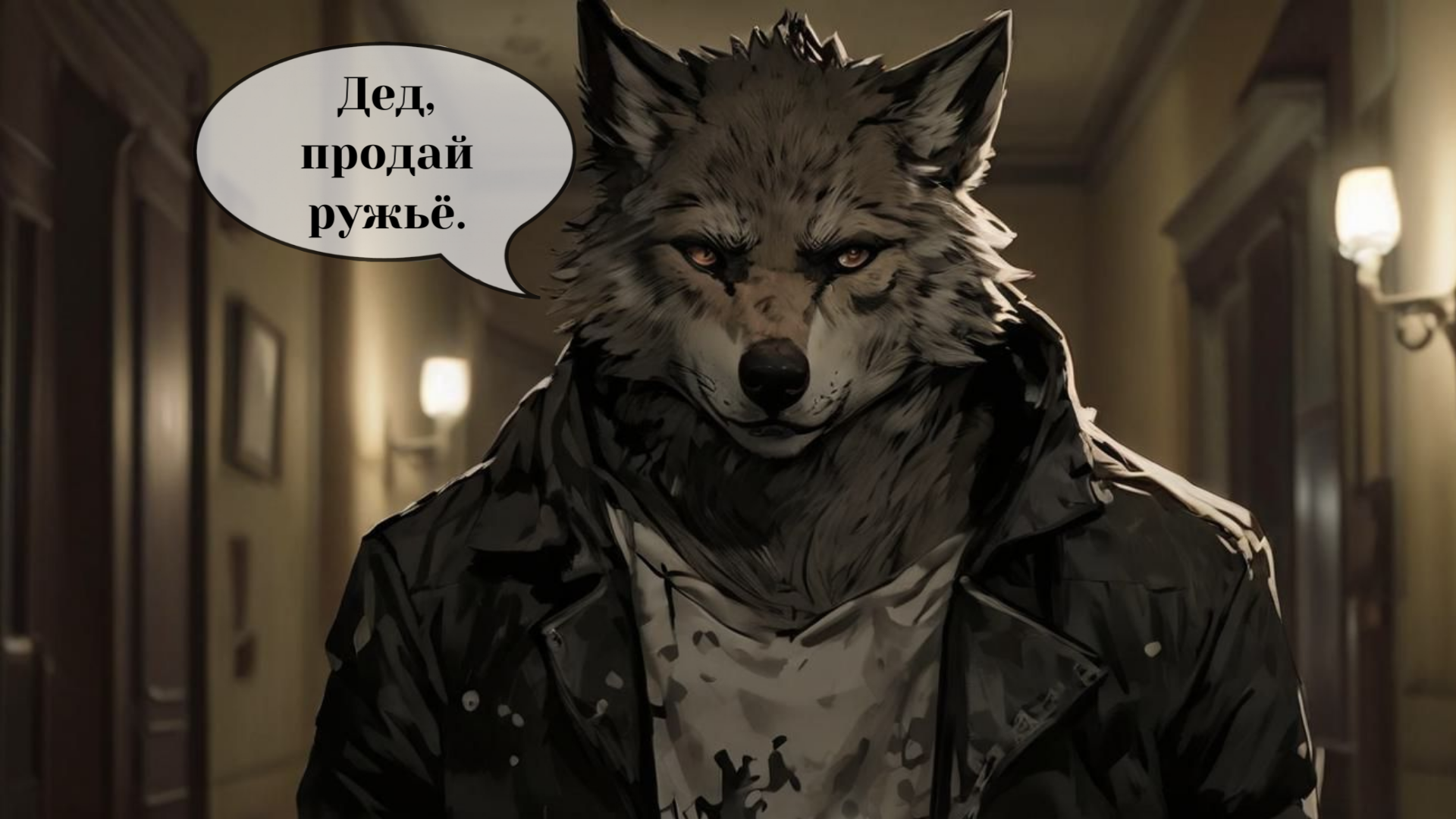 Фурри арт от Wolfmks #320 Дед, продай ружьё - Моё, Арты нейросетей, Фурри, Furry Art, Furry wolf, Арт, Furry Dog, Картинка с текстом, Длиннопост