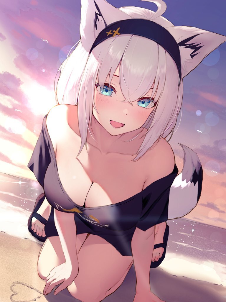 Shirakami Fubuki #004 - Anime, Anime art, Hololive, Shirakami fubuki, Girls, Beach, Tail, Blue Eyes, Animal ears, Sky, Neckline, Shorts, Sunset, Smile, Sandals, On the knees