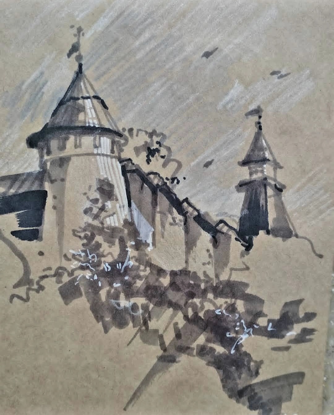 Pechory - My, Sketchbook, Sketch, Graphics, Drawing, Colour pencils, Liner, Watercolor, Traditional art, Pen drawing, Sketch, Longpost, Pskov region, Pechora