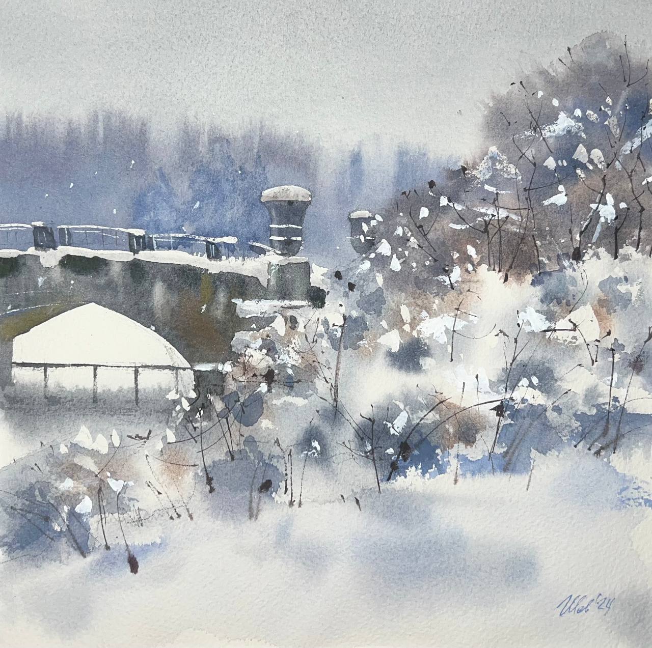 Watercolor. Winter bush - My, Graphics, Watercolor, Painting, Landscape, Art