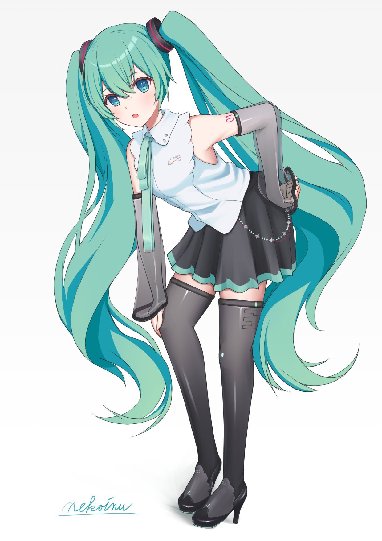 Hatsune Miku #193 - Anime, Anime art, Hatsune Miku, Girls, Shoes, Stockings, Tie, Shirt, White background, Vocaloid