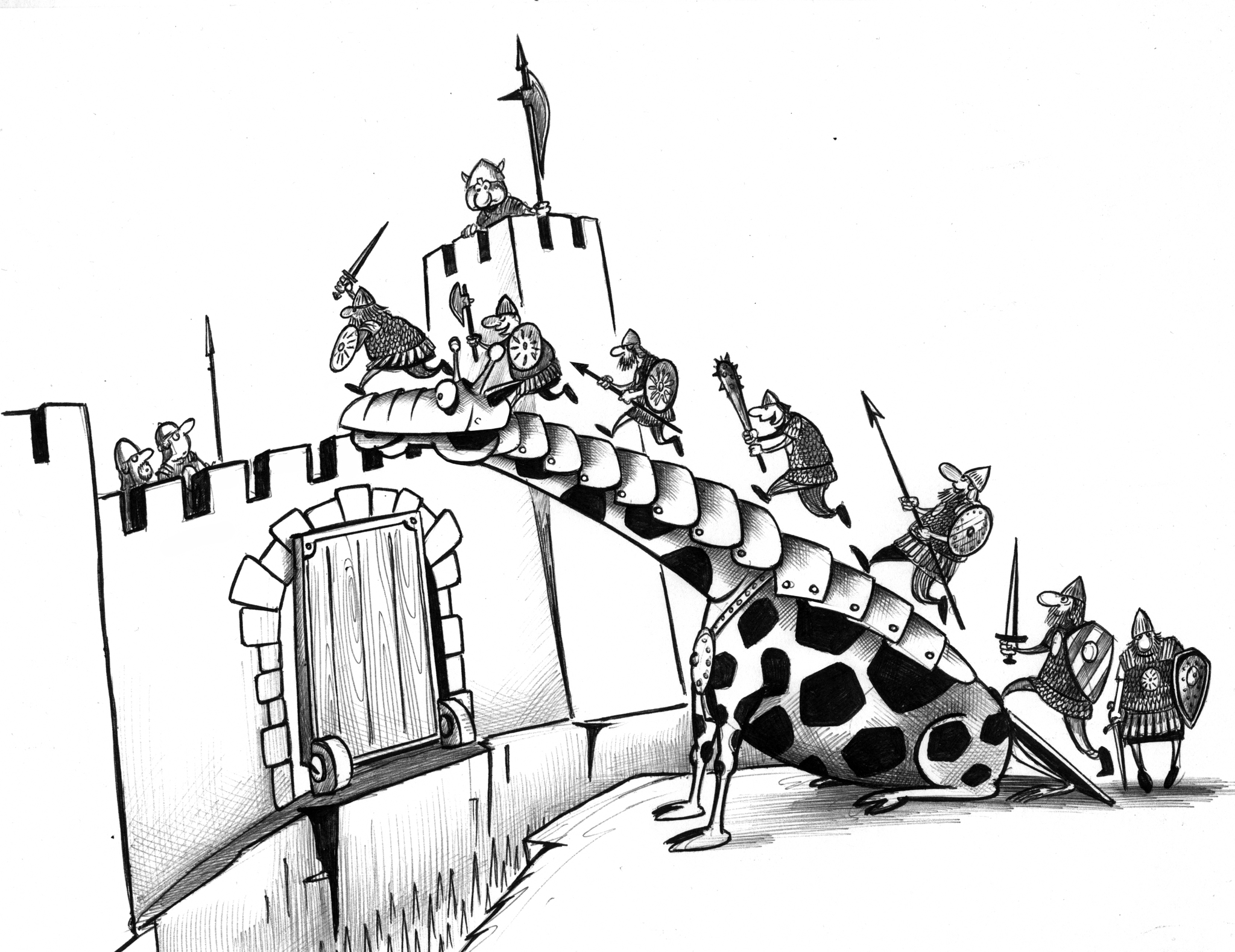 Tactics of using combat giraffes - My, Sergey Korsun, Caricature, Graphics, Pen drawing, Giraffe, Storm, Lock, Fortress, Wall