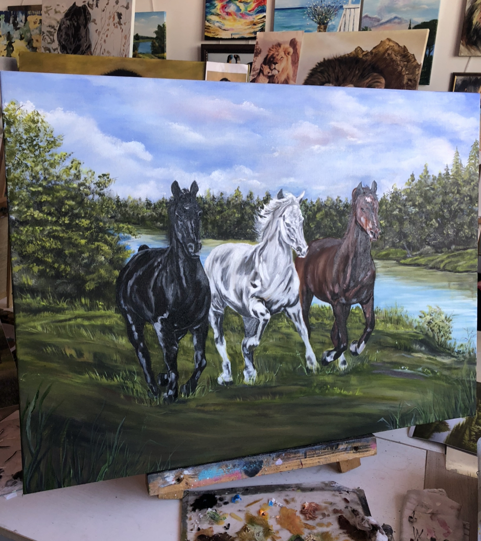 Troika) - My, Author's painting, Painting, Oil painting, Painting, Canvas, Horses, Longpost