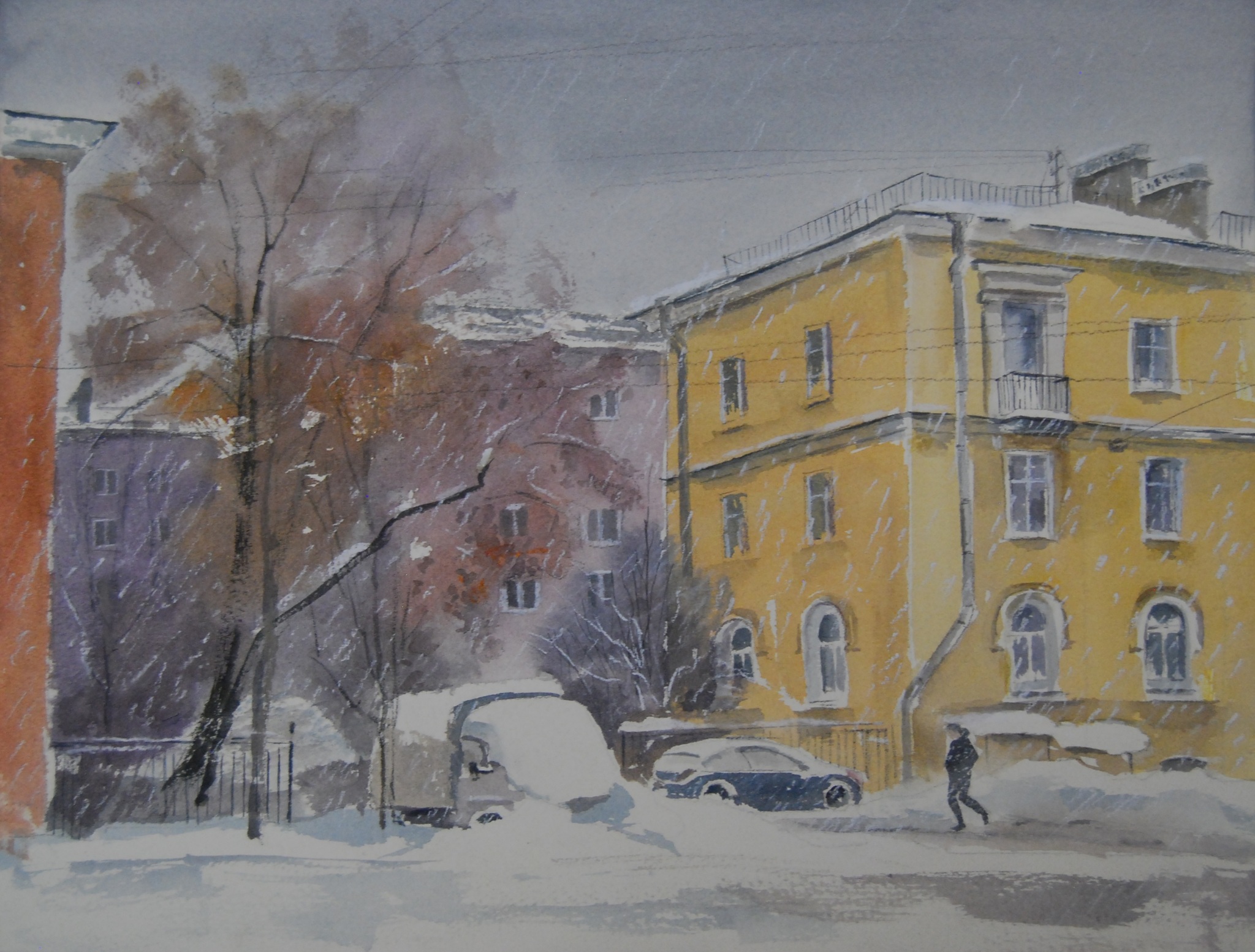 There is a snowstorm in St. Petersburg - My, Watercolor, Landscape, Architecture, Graphics, Saint Petersburg