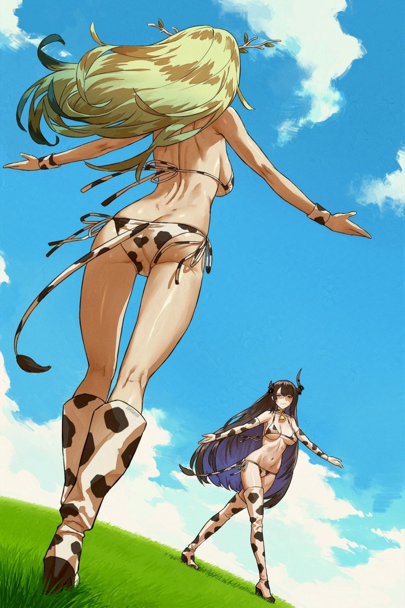 Post #12137044 - Anime, Girls, Cow, Art, Bikini, Hololive, Haraya, Nerissa Ravencroft, Ceres fauna, Virtual youtuber, Girl with Horns, JoJo Reference, Neural network art, Booty