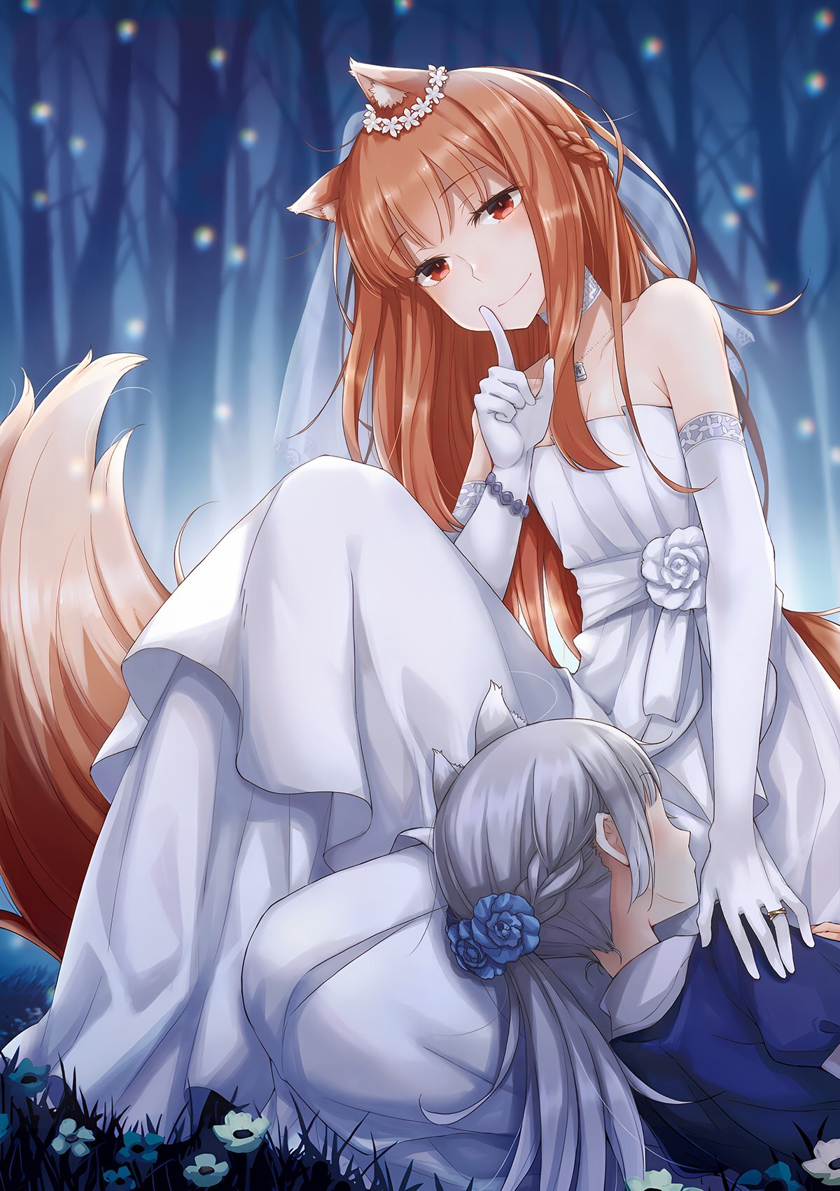 Тише, она чутка задремала - Anime Art, Аниме, Holo, Myuri, Spice and wolf, Wolf and Parchment, Animal Ears, Свадебное платье