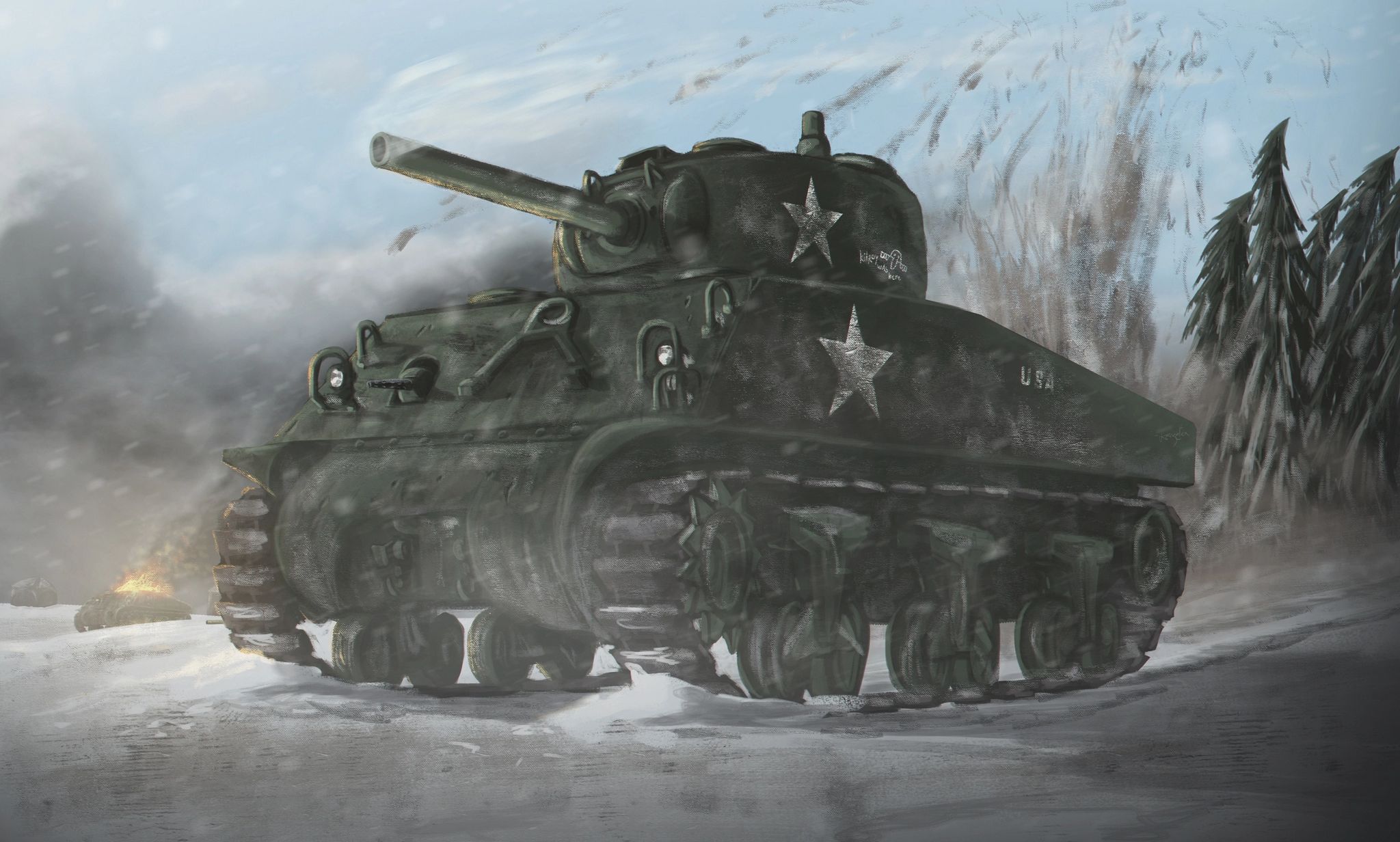 Post #12138590 - My, Tanks, Tiger II, Pantera, Sherman, The Second World War, Western Front, Winter, Germany, USA, US Army, Art, Digital drawing