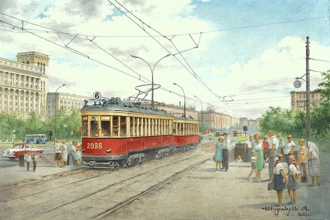 Soviet public transport in beautiful drawings by Alexander Zhuravlev: - the USSR, Made in USSR, Picture with text, Nostalgia, Public transport, Transport, Railway transport, Trolleybus, Tram, Longpost, Train