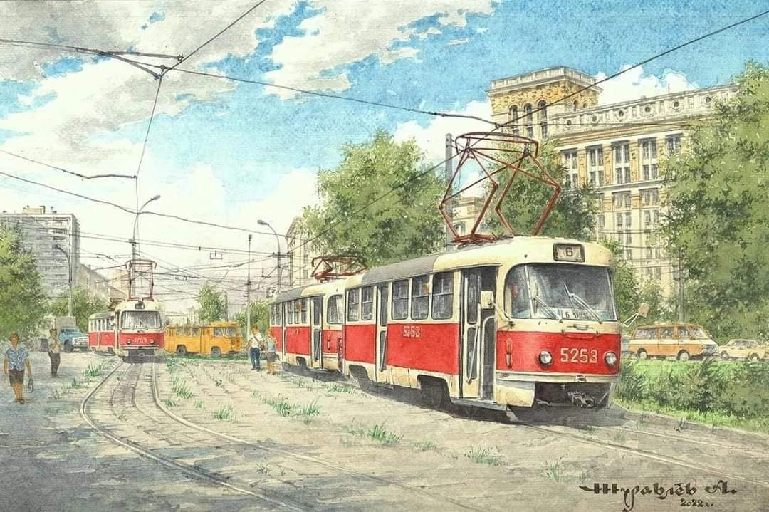 Soviet public transport in beautiful drawings by Alexander Zhuravlev: - the USSR, Made in USSR, Picture with text, Nostalgia, Public transport, Transport, Railway transport, Trolleybus, Tram, Longpost, Train