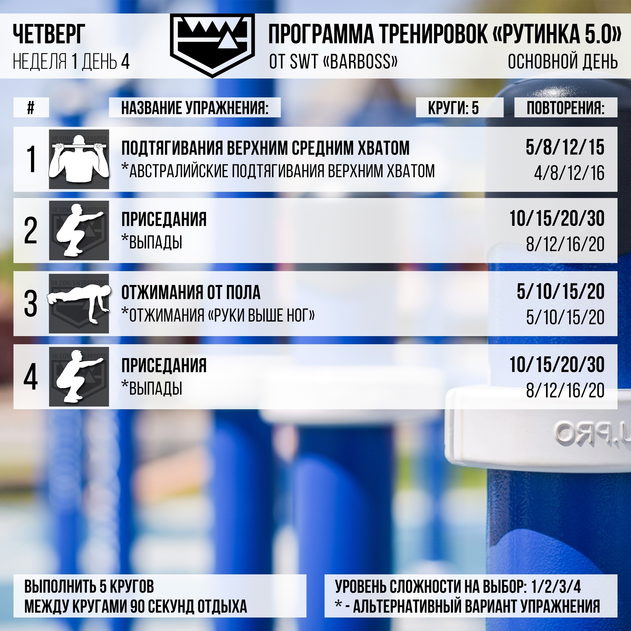 Training program Routine - My, Workout, Workout, Exercises, Horizontal bar, Pull-ups, Push ups, Squats, Training program