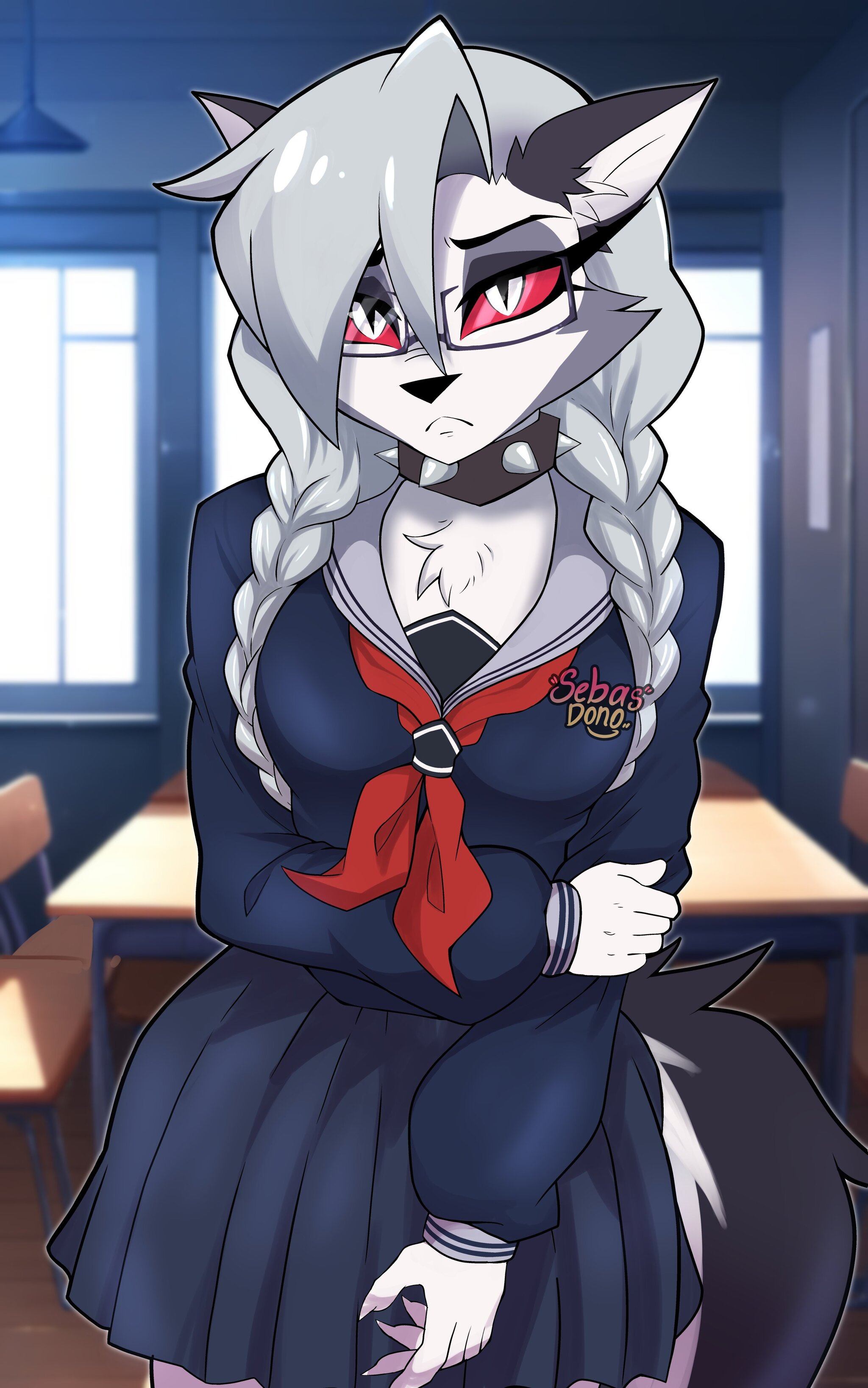 Loona - Furry, Anthro, Art, Furry canine, Furry wolf, Sebasdono, Helluva boss, Loona, Five nights at freddys, Roxanne Wolf, Crossover, Longpost