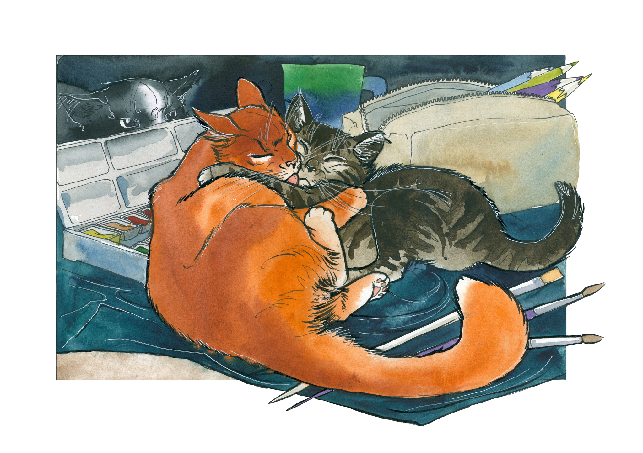 Cats in the workshop - My, Painting, Watercolor, Kai Yara, cat, Fat cats, Workshop, Animalistics