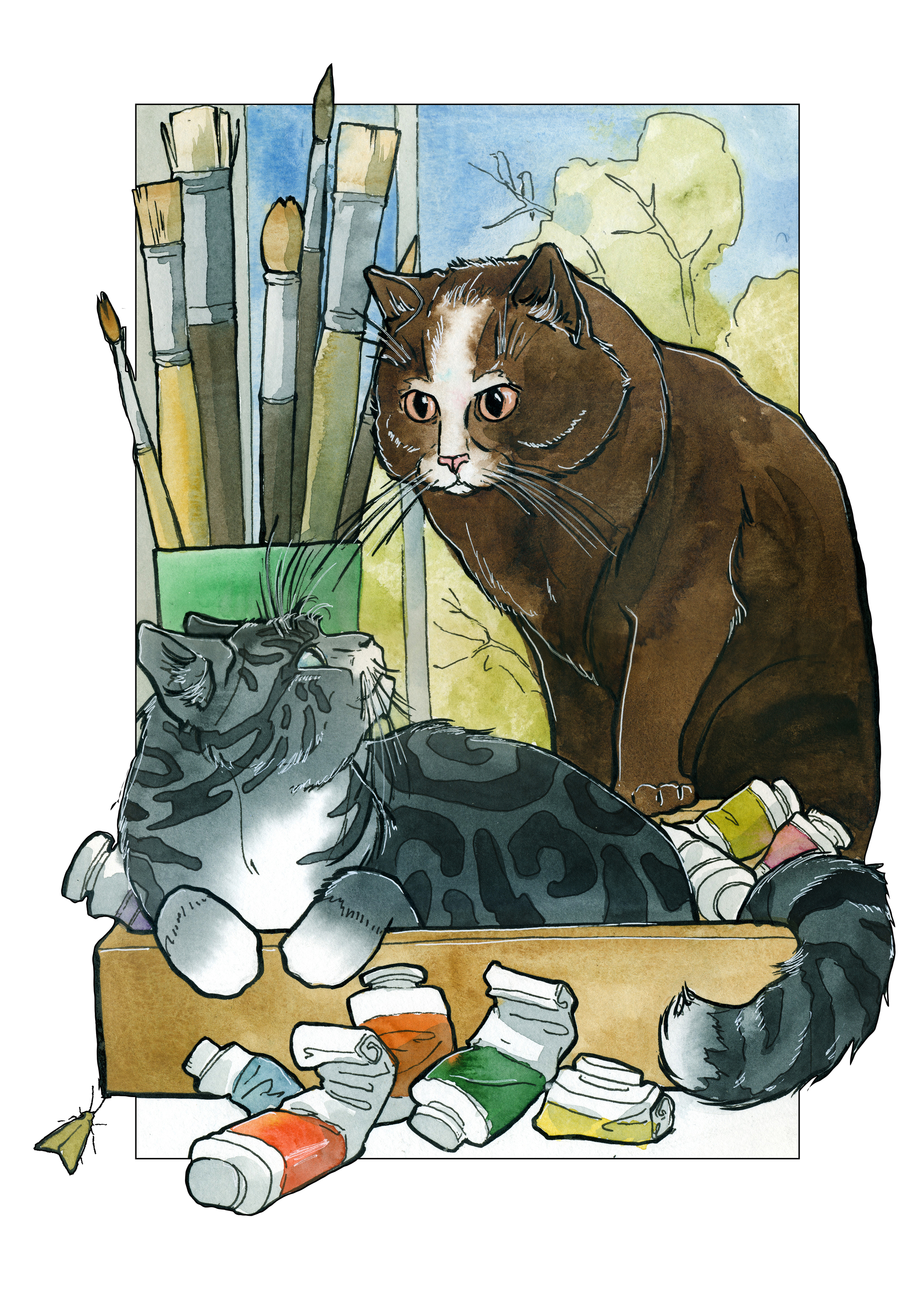 Cats in the workshop - My, Painting, Watercolor, Kai Yara, cat, Fat cats, Workshop, Animalistics