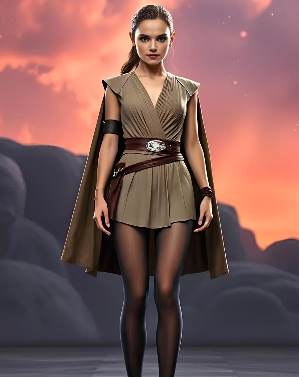 Rey Skywalker. Star Wars - My, Art, Neural network art, Artificial Intelligence, 3D, Neural Networks, Generated, Women, Girls, Brunette, Rey, Skywalker, Star Wars, Tights, Mini Dress, Fantasy, Fantasy, Flux, The dress, Cape, Characters (edit)